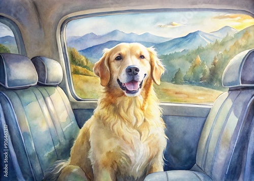 A happy golden retriever sits between two empty seats in a car, surrounded by scenic landscape views, conveying a sense of adventure and pet-friendly travel. © Sirinporn