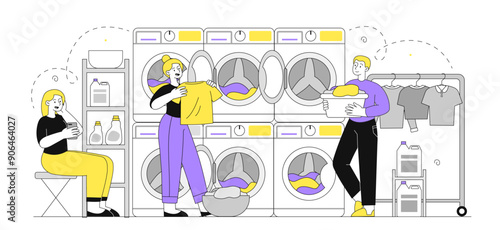 Sellf service laundry. Men and women with dirty clothes near washing machine. Cleanliness and hygiene. Household chores and routine. Linear vector illustration