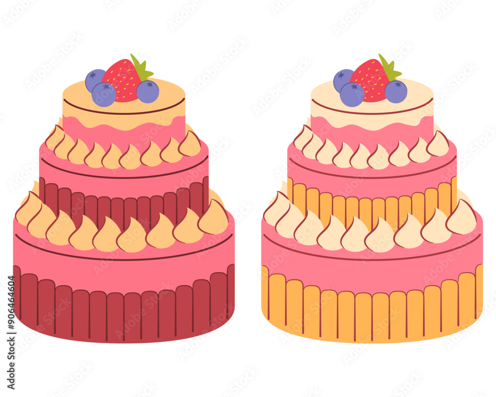 Tiered cake.Birthday and wedding cakes.Tasty sweet desserts.Wedding cake.Cake with fresh berries.Isolated on white background.Vector flat illustration. Tiered cake.Birthday and wedding cakes.Tasty sweet desserts.Wedding cake.Cake with fresh berries.Isolated on white background.Vector flat illustration.