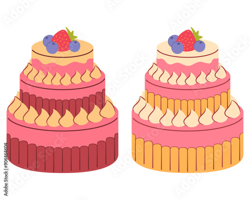 Tiered cake.Birthday and wedding cakes.Tasty sweet desserts.Wedding cake.Cake with fresh berries.Isolated on white background.Vector flat illustration.