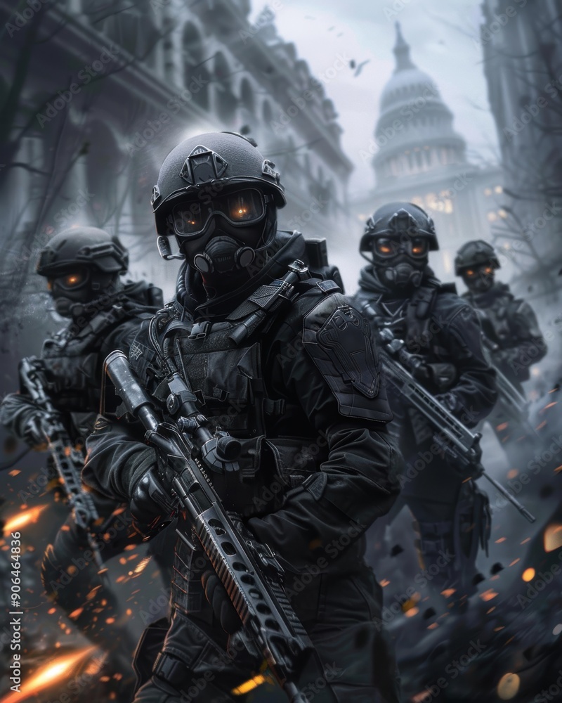 A group of soldiers are standing in a war zone, with one of them holding a rifle. The scene is dark and intense, with the soldiers wearing black gear and masks. Scene is tense and serious A group of soldiers are standing in a war zone, with one of them holding a rifle. The scene is dark and intense, with the soldiers wearing black gear and masks. Scene is tense and serious