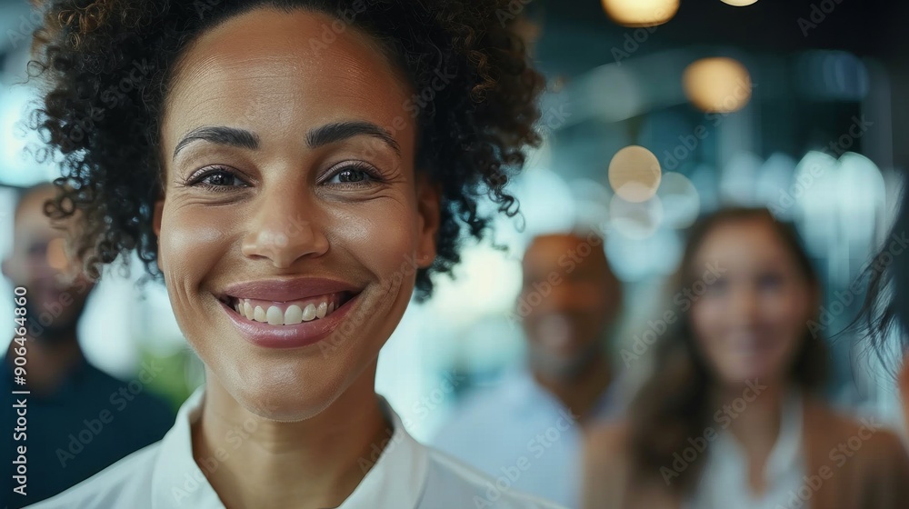 A woman with curly hair is smiling and looking at the camera A woman with curly hair is smiling and looking at the camera