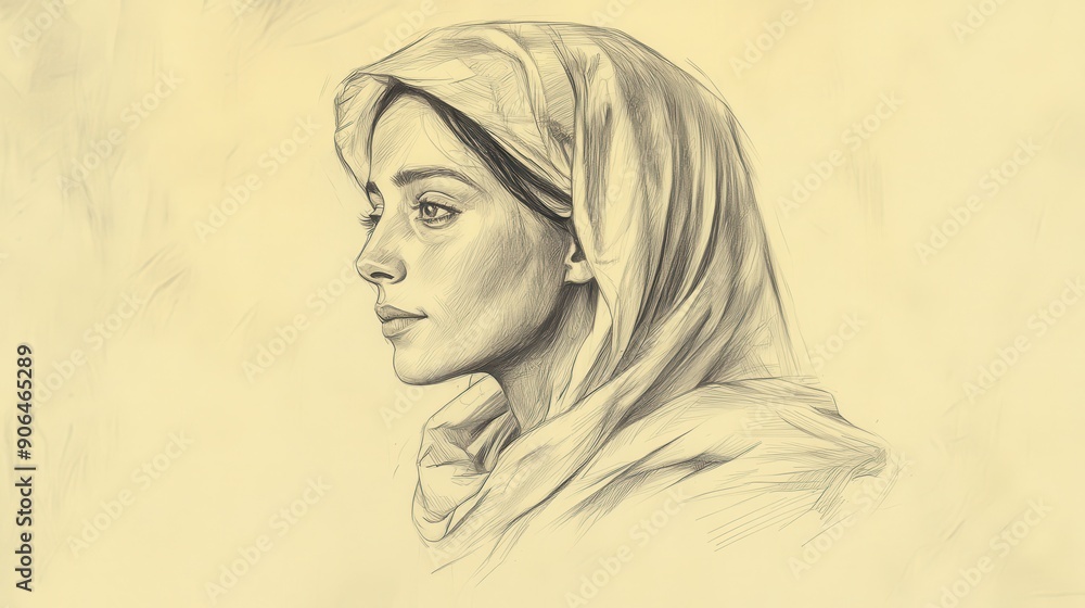 Miriam's Peaceful Expression as She Passes, Biblical Illustration from Numbers, Beige Background, Perfect for Religious Education and Worship Materials Miriam's Peaceful Expression as She Passes, Biblical Illustration from Numbers, Beige Background, Perfect for Religious Education and Worship Materials