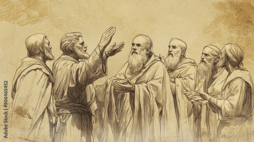 Biblical Illustration of Numbers: Moses Blessing the Levites After the Dedication Rites, Captured on a Beige Background, Emphasizing Religious Blessings and Spiritual Leadership Biblical Illustration of Numbers: Moses Blessing the Levites After the Dedication Rites, Captured on a Beige Background, Emphasizing Religious Blessings and Spiritual Leadership