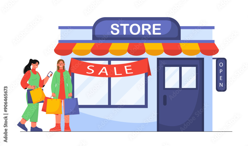 Fototapeta premium Women near store. Young girls with colorful purchases near shop. Shopaholics with bags near market. Discounts and promotions, sales. Flat vector illustration