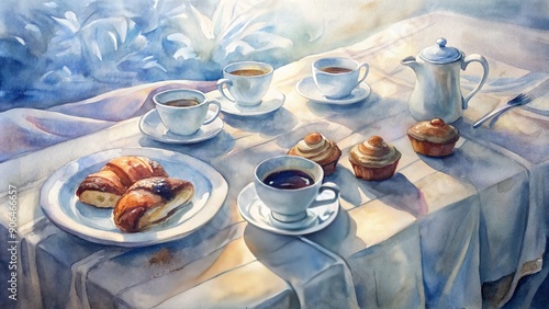 Freshly brewed coffee and pastries beautifully arranged on a sleek tablecloth awaiting attendees at a modern corporate business seminar or conference. photo