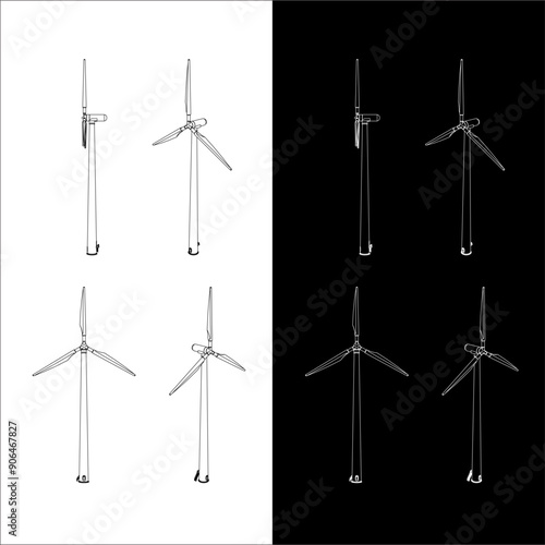 set  wind turbine or windmill blueprint. line drawing of wind farm, renewable energy wind turbines illustration line art vector 