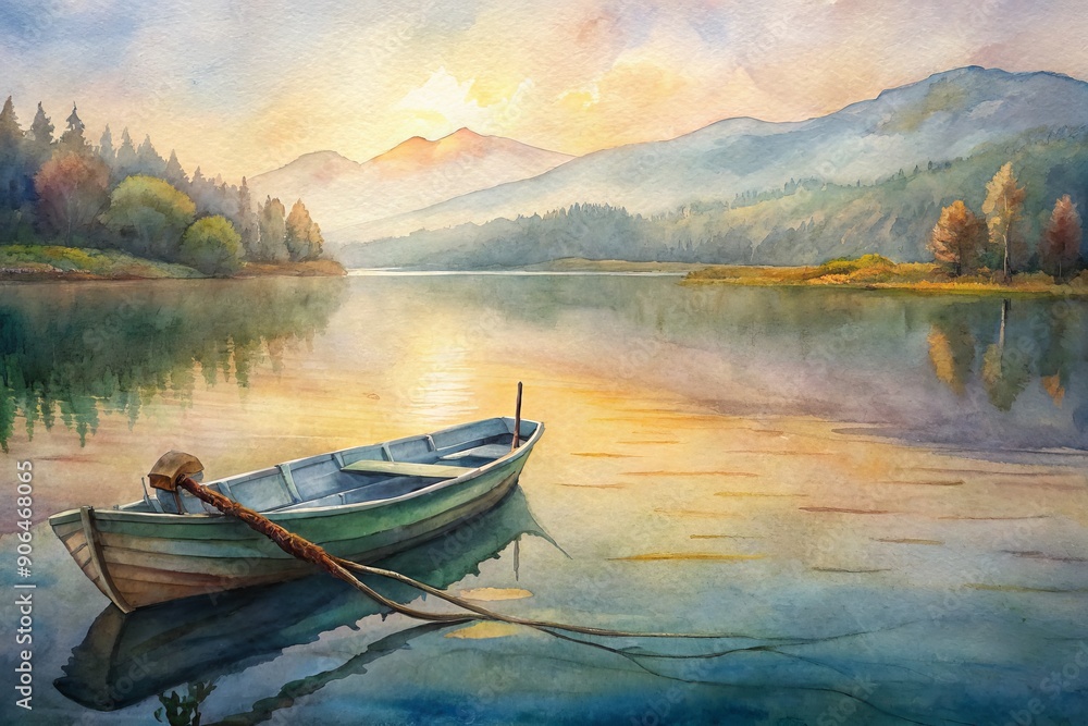 Serenely calm lake scene with empty wooden boat and fishing gear, capturing warm morning light and gentle ripples, evoking feelings of peacefulness and tranquility. Serenely calm lake scene with empty wooden boat and fishing gear, capturing warm morning light and gentle ripples, evoking feelings of peacefulness and tranquility.