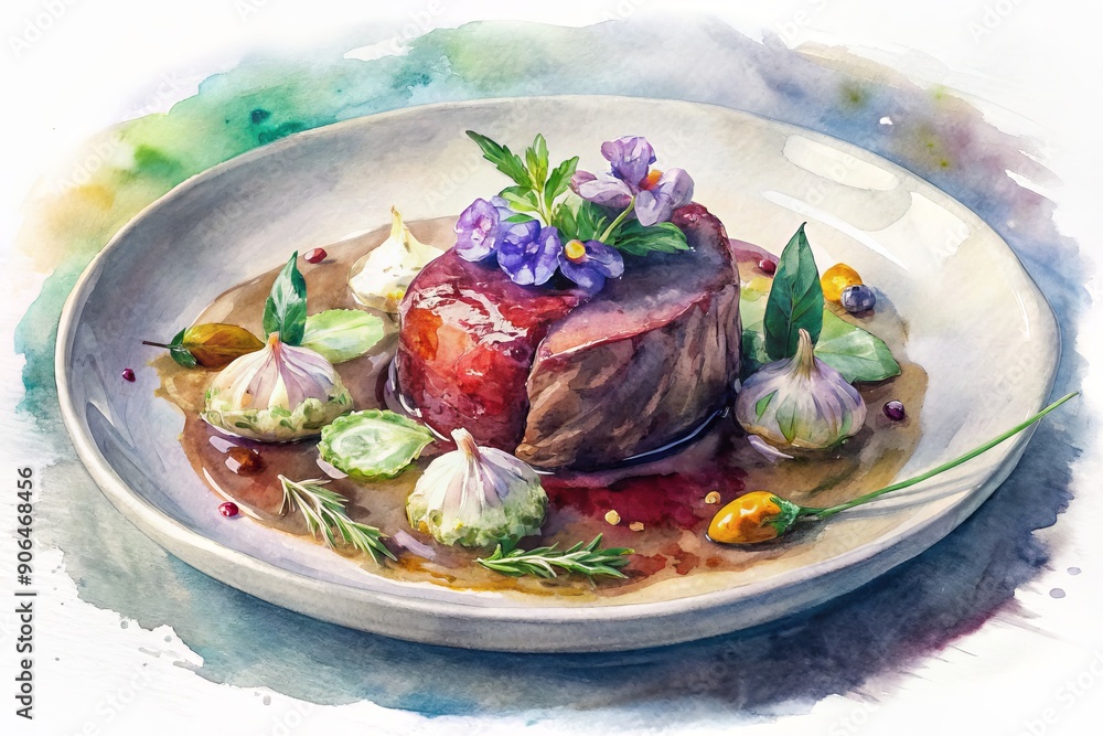 Elegant beef dish garnished with fresh herbs and edible flowers, finished with a delicate sauce design on a white porcelain plate, against a dark background. Elegant beef dish garnished with fresh herbs and edible flowers, finished with a delicate sauce design on a white porcelain plate, against a dark background.