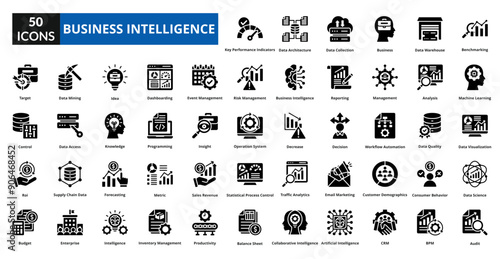 Business intelligence glyph icon collection set. includes intelligence, analysis, management, reporting, measure, strategy