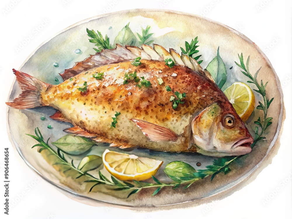 Savory closeup of a perfectly seared fillet of fish, glistening with golden brown crust, being artfully arranged on a plate with fresh herbs and lemon. Savory closeup of a perfectly seared fillet of fish, glistening with golden brown crust, being artfully arranged on a plate with fresh herbs and lemon.