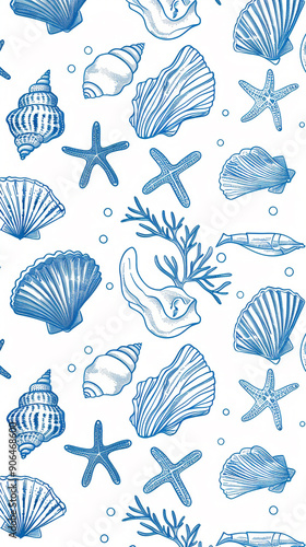 Wallpaper Mural A seamless pattern of hand drawn blue line art seashells, starfish and corals on a white background Torontodigital.ca