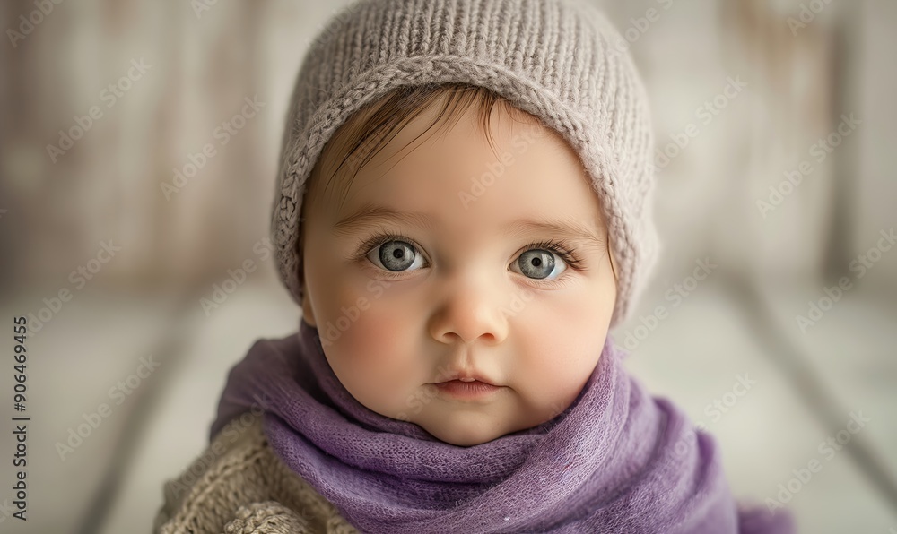 cute baby girl with big eyes wearing a light gray hat and purple scarf, close-up portrait in an indoor setting with soft natural lighting and warm tones cute baby girl with big eyes wearing a light gray hat and purple scarf, close-up portrait in an indoor setting with soft natural lighting and warm tones