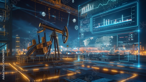 Oil extraction machinery at work, with digital displays showing global financial data and stock market trends related to natural resources photo