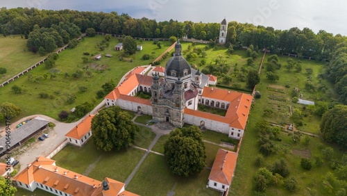 Aerial view of Pazaislis Monastery, a historic building surrounded by greenery in Kaunas, Lithuania photo