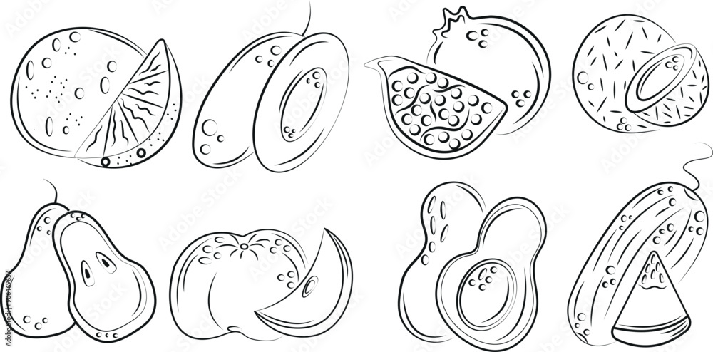 set of various logos of whole fruit and pieces of fruit in abstract style drawn in black outline, vector set of various logos of whole fruit and pieces of fruit in abstract style drawn in black outline, vector