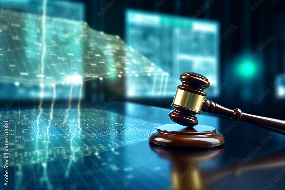 Gavel on desk with AI screen in background, symbolizing legal implications of artificial intelligence in technology and law Gavel on desk with AI screen in background, symbolizing legal implications of artificial intelligence in technology and law