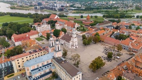 Aerial view of Kaunas Town Hall Square and surrounding buildings in Kaunas, Lithuania