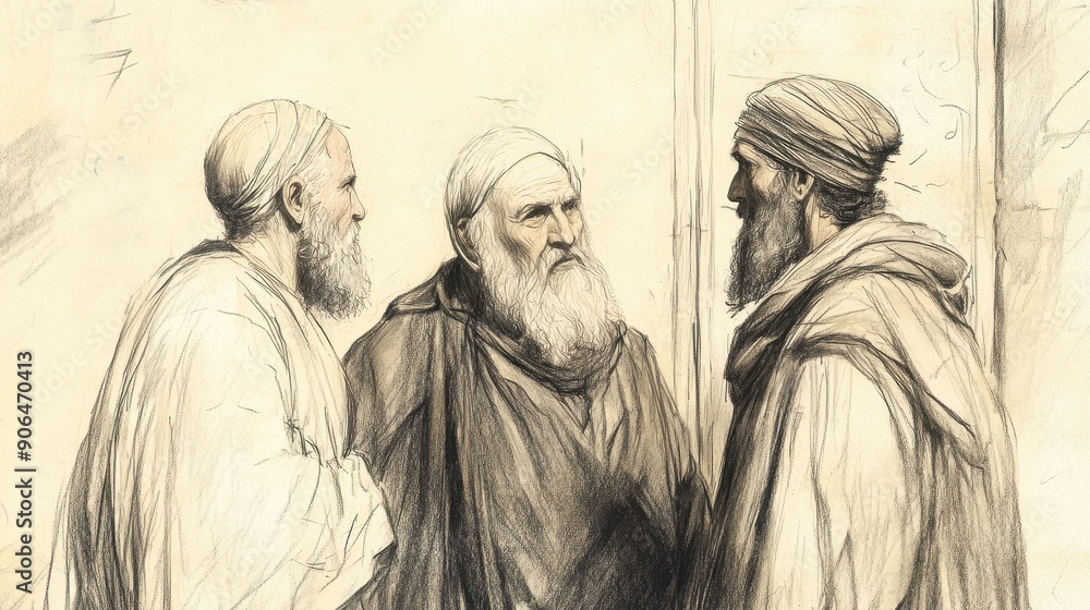 Fototapeta premium Elders at the Gate of the City of Refuge Listening to a Refugee’s Plea, Biblical Illustration from Numbers, Cities of Refuge, Beige Background, Ideal for Religious Education and Worship Materials