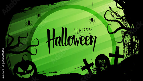 Happy Halloween festive banner. Halloween night background with hand lettering, black brush strokes and Halloween holiday spooky symbols. Vector illustration.