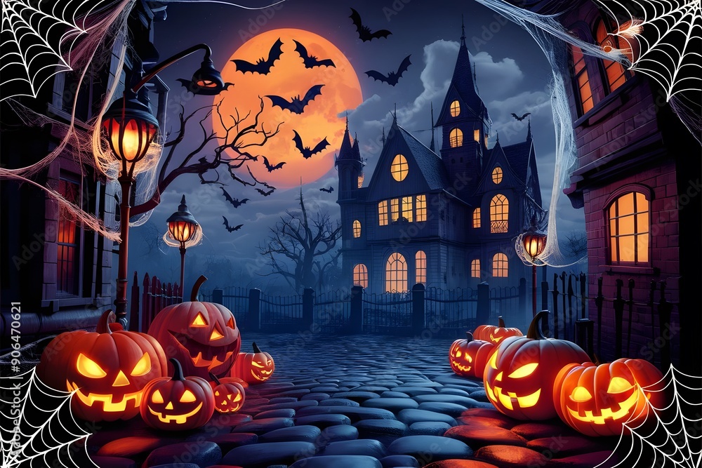 Fototapeta premium Halloween scary night watercolor background. Gothic castle, graveyard and witch illustration. 