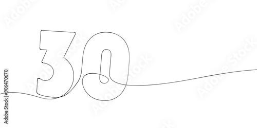 A single line drawing of a thirty symbol. Continuous line thirtieth number icon. One line icon. Vector illustration.