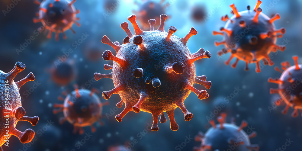 Medical sci-fi illustration of rounded pink virus molecules in primordial soup on blurred background. Medical sci-fi illustration of rounded pink virus molecules in primordial soup on blurred background.