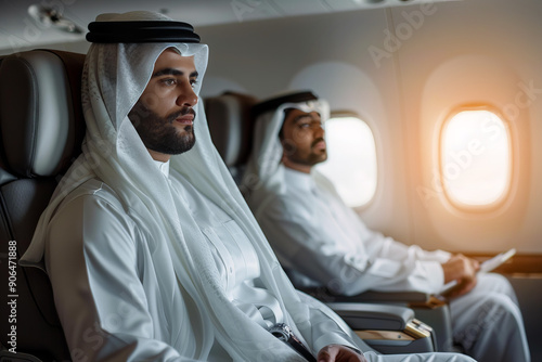 Arab businessman wearing national dress traveling on private jet.
