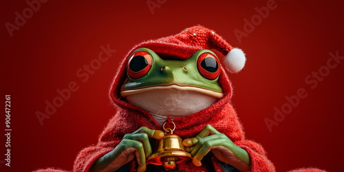 A green frog in a Santa outfit holds a golden bell against a red background. Christmas cute character. Winter holidays concept. Christmas and New Year greeting card or banner with copy space photo