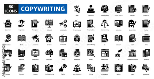 copywriting glyph icon collection set. Includes working, online, job, internet, office, person, copywriting, technology