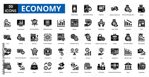 Economy glyph icon collection set. Includes efficiency, money, saving, scheme, finance, system, conservation, control, elegance, action, budget