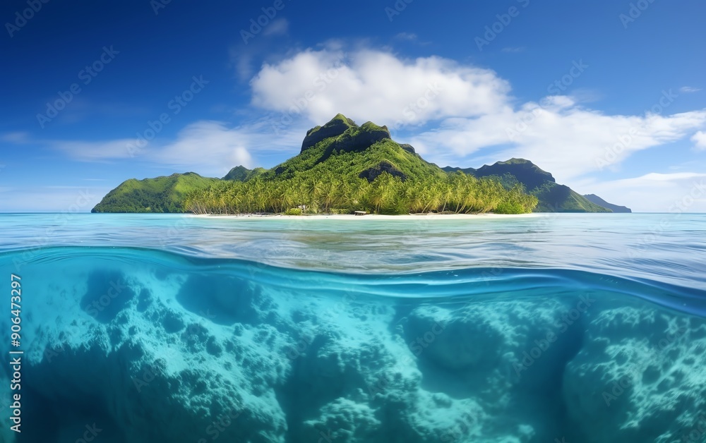 Fototapeta premium Scenic view of tropical island with lush greenery and clear blue waters, showcasing underwater marine life under a sunny sky.