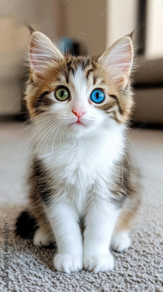 Adorable kitten with mismatched eyes playing joyfully in a cozy living room, evoking feelings of warmth and happiness Adorable kitten with mismatched eyes playing joyfully in a cozy living room, evoking feelings of warmth and happiness