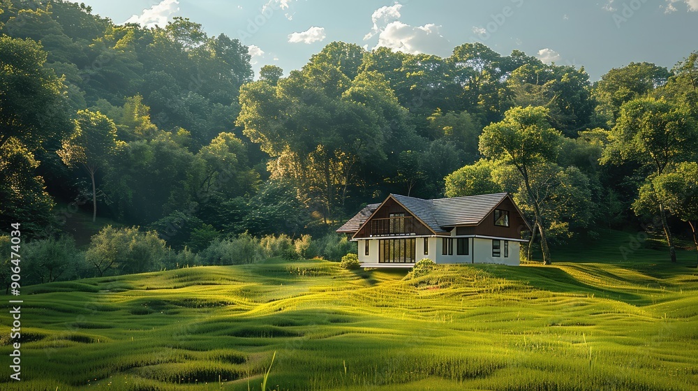 A near modern house on a lush green meadow surrounded by trees. Generative AI. A near modern house on a lush green meadow surrounded by trees. Generative AI.