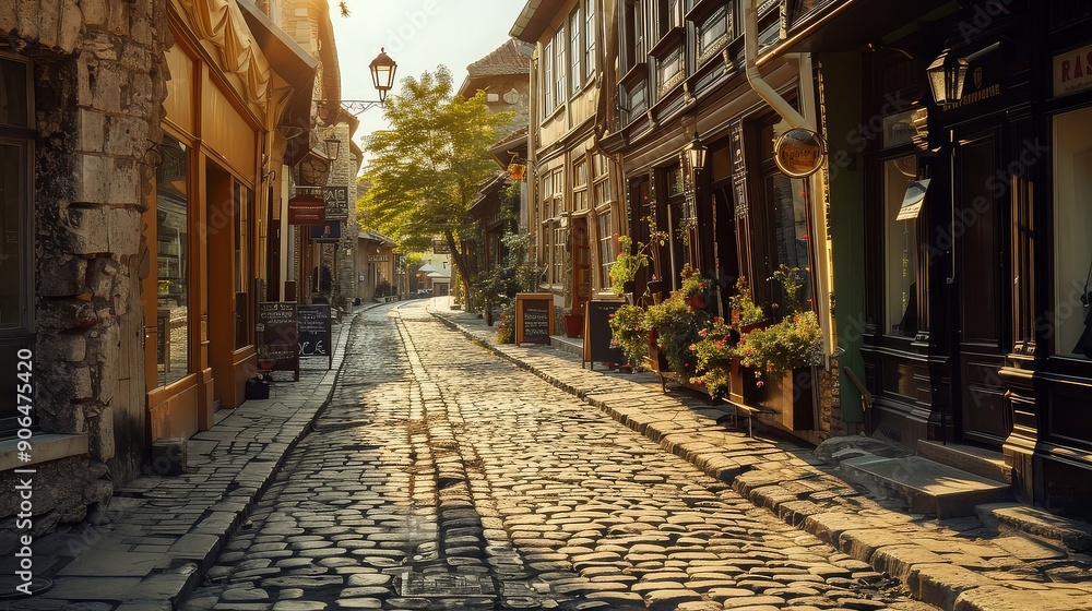 Fototapeta premium Quaint Cobblestone Street with Flower Shops