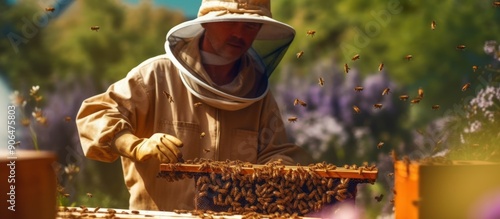 Beekeeper Inspecting Honeycomb Amidst Buzzing Bees photo