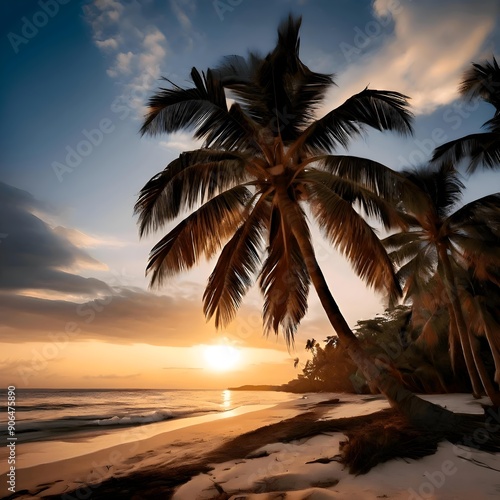 Coconut trees on the beach, the sunset light reflects on the water, shimmering beautiful.