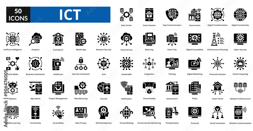 Information and Communication of Technology (ICT) glyph icon collection set. Includes technology, communication, information, network, business, internet, digital, connection, system Information and Communication of Technology (ICT) glyph icon collection set. Includes technology, communication, information, network, business, internet, digital, connection, system