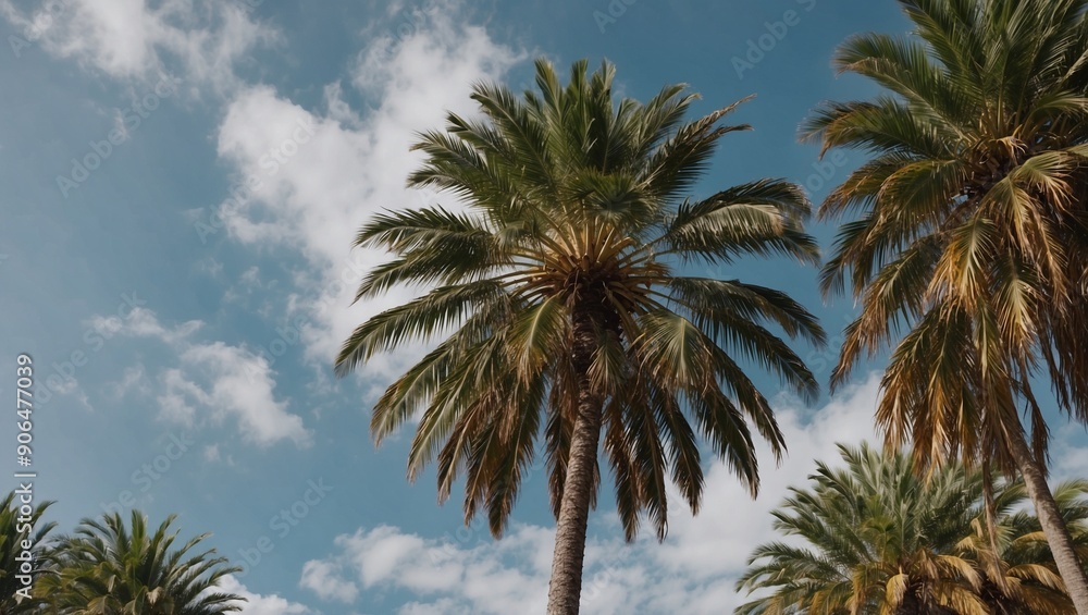 Palm trees against the blue sky framed by fluffy clouds Palm trees against the blue sky framed by fluffy clouds