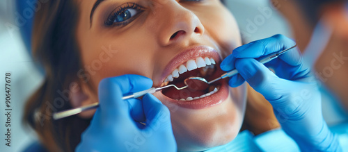 Dentists at the clinic perform root canal treatment using special tools and dental dams photo