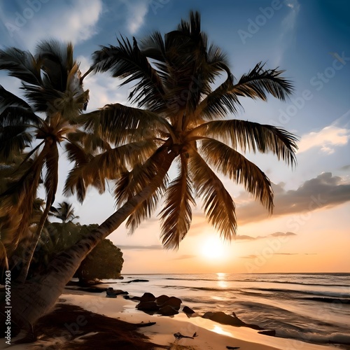 Coconut trees on the beach, the sunset light reflects on the water, shimmering beautiful.