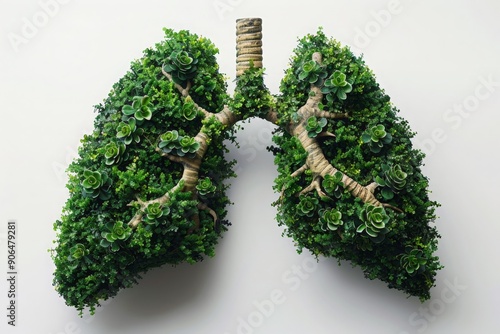 Pair of lungs made of green leaves and twigs with cigarettes sticking out, symbolizing the damage smoking causes to the environment