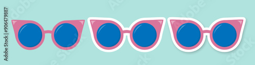 A set of pink sunglasses on a blue background. A sticker with glasses. Retro hippie style. Vector EPS 10.