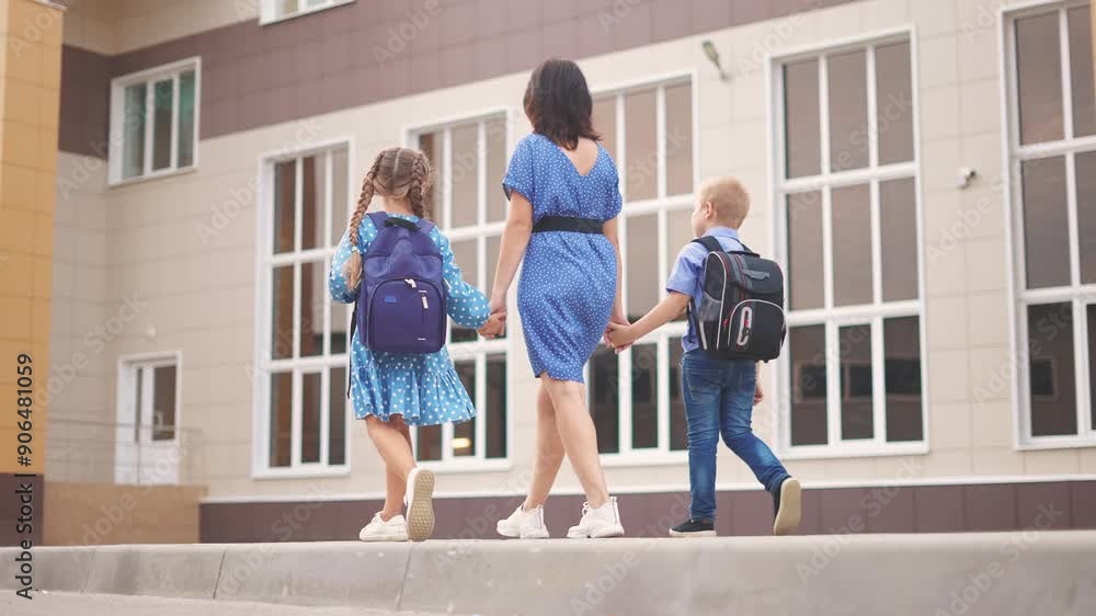 back to school. a mother and children go to school with backpacks, rear view. school education learning concept. mother children with a backpack on her back lifestyle goes to school back to school. a mother and children go to school with backpacks, rear view. school education learning concept. mother children with a backpack on her back lifestyle goes to school