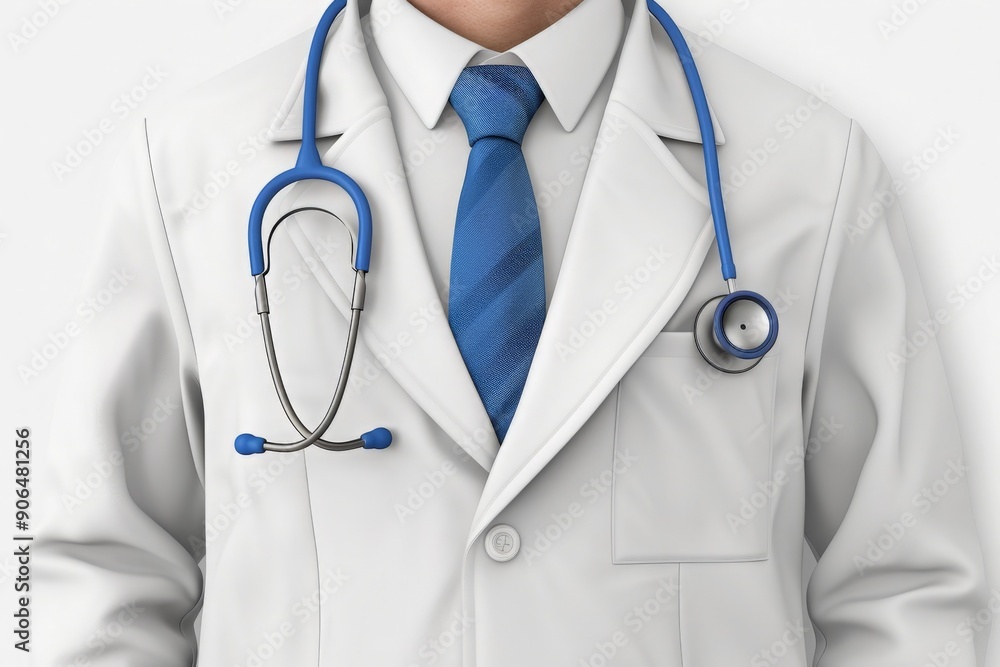 Close-up shot of a doctors white coat with a blue tie and a stethoscope hanging from the neck Close-up shot of a doctors white coat with a blue tie and a stethoscope hanging from the neck