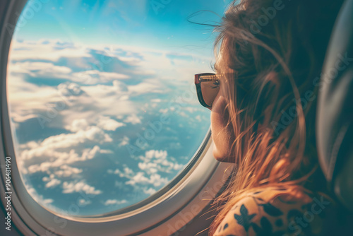 Mujer con gafas de sol mirando atravesada de la ventana de un avión. Generado con IA.