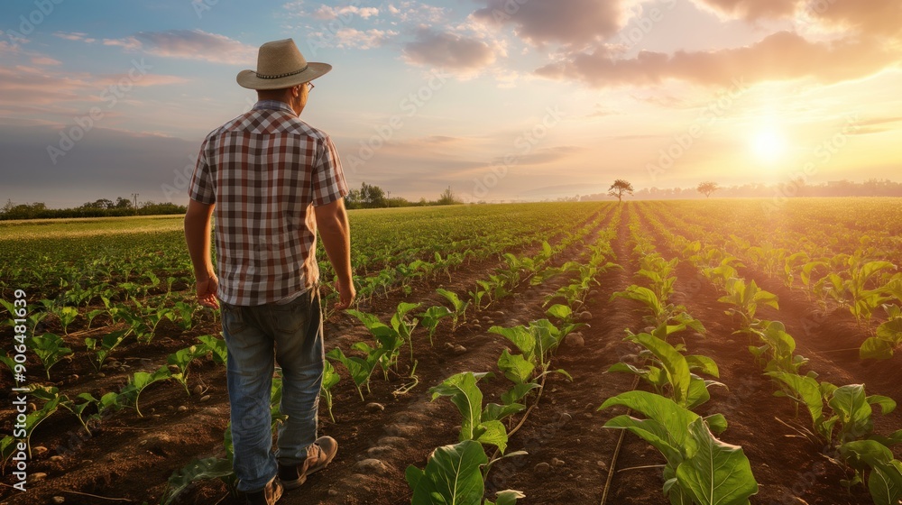 Fototapeta premium A farmer in a plaid shirt and hat walks through rows of crops as the sun sets in the distance