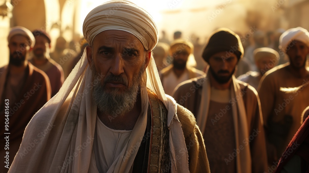 A gathering of several men in traditional dress strolls through a vibrant marketplace, with warm hues of sunset illuminating the surroundings A gathering of several men in traditional dress strolls through a vibrant marketplace, with warm hues of sunset illuminating the surroundings