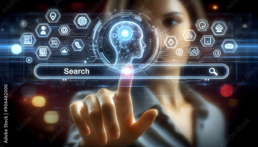 Businessman interacts with futuristic search bar with digital icons representing AI Businessman interacts with futuristic search bar with digital icons representing AI