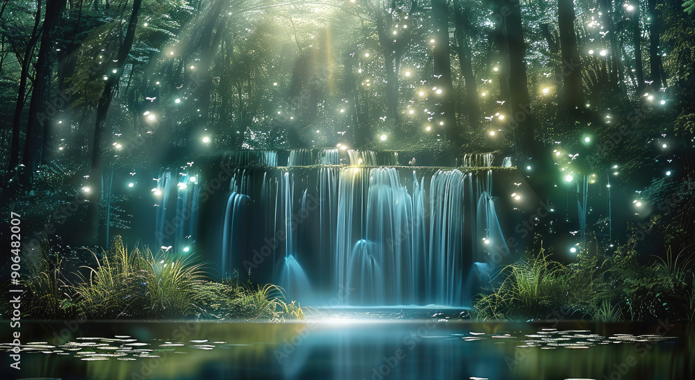 Night, Stream of fresh water over cascade waterfall, underwater glowing colorful meadow inside deep water swamp inside forest lit by moonlight. Generative AI. Night, Stream of fresh water over cascade waterfall, underwater glowing colorful meadow inside deep water swamp inside forest lit by moonlight. Generative AI.